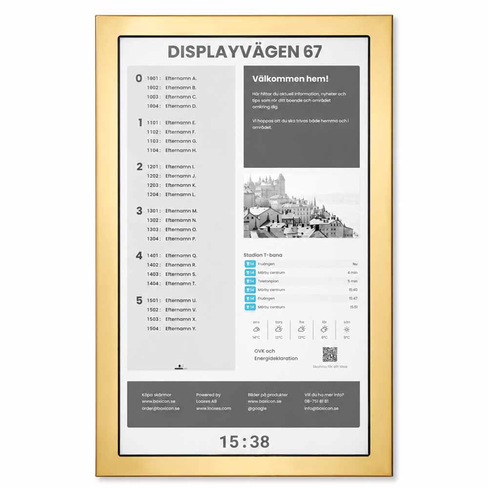 Digital informationstavla som våningsregister i trapphus med guldram
