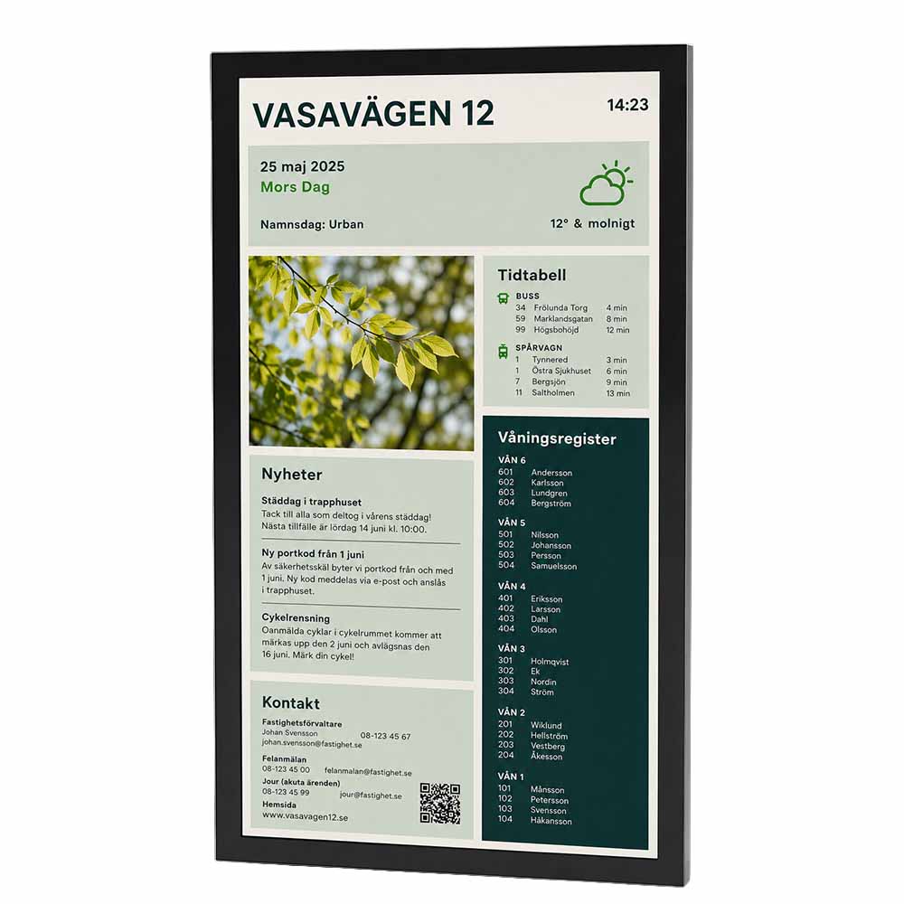 Digital trapphustavla med våningsregister och boendeinformation